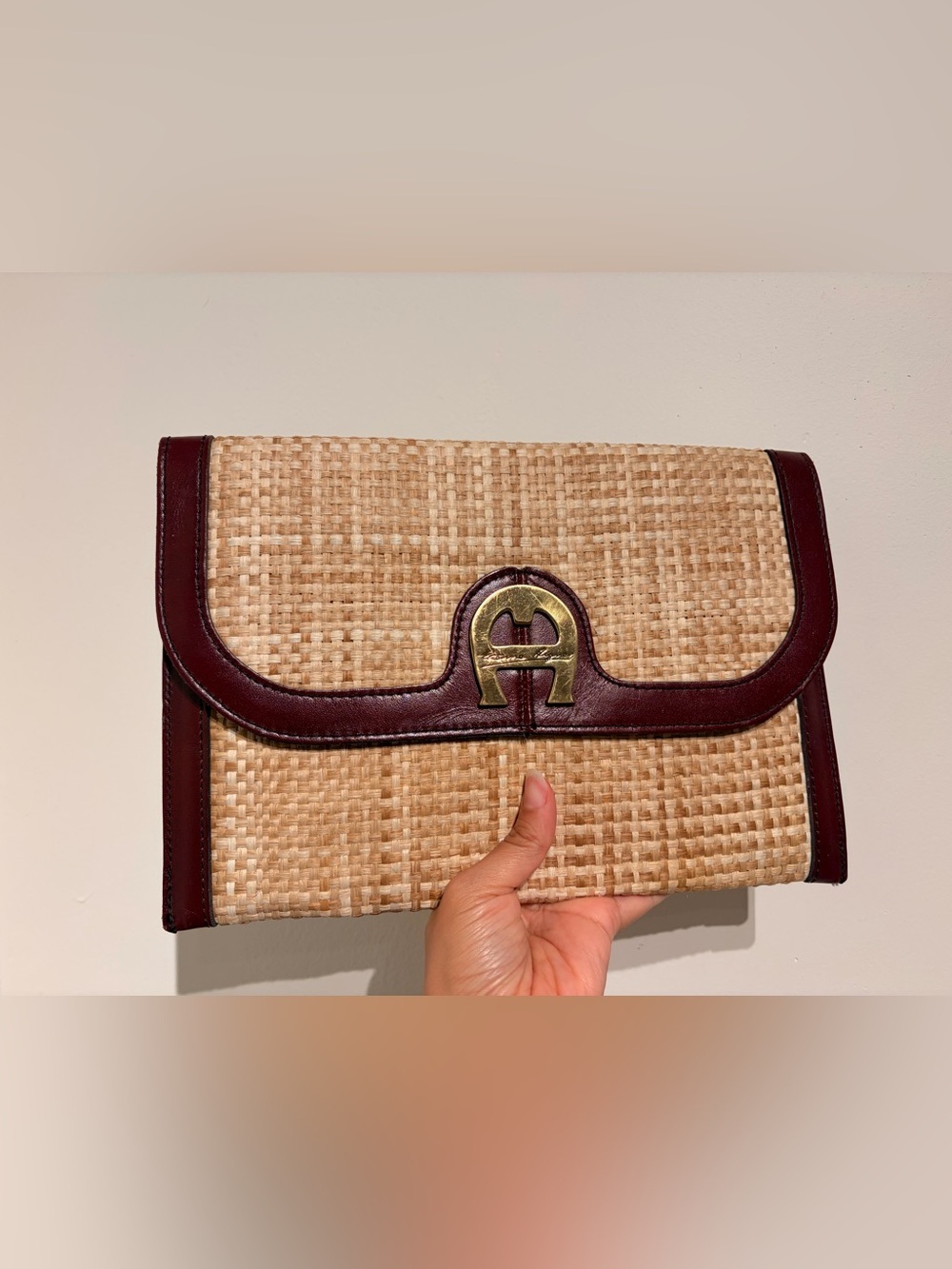 Etienne Aigner Natural Woven Raffia Clutch with Dark Burgundy Trim